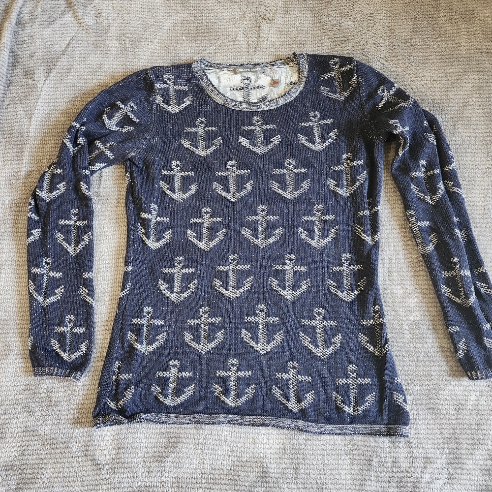 Caroline Grace Nautical Cotton Cashmere Sweater Sz Small Navy Anchor Longsleeve